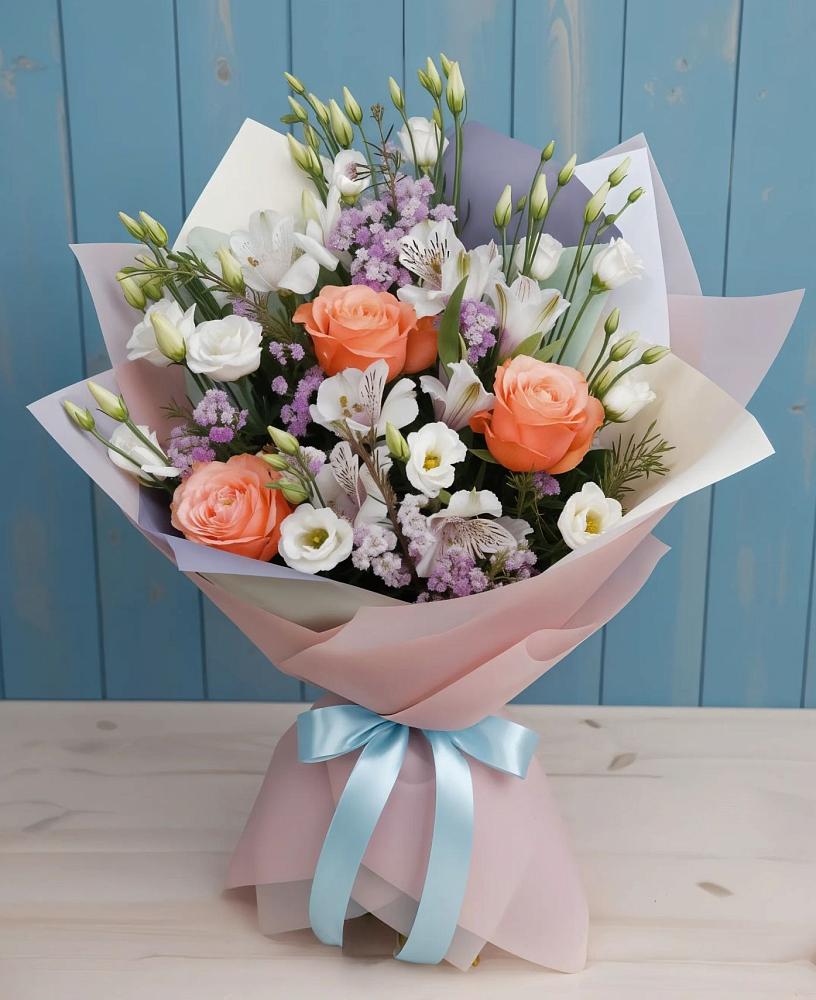 Букет цветов из: Лизиантусы, Розы, Альстромерии и Гипсофила в Ижевске